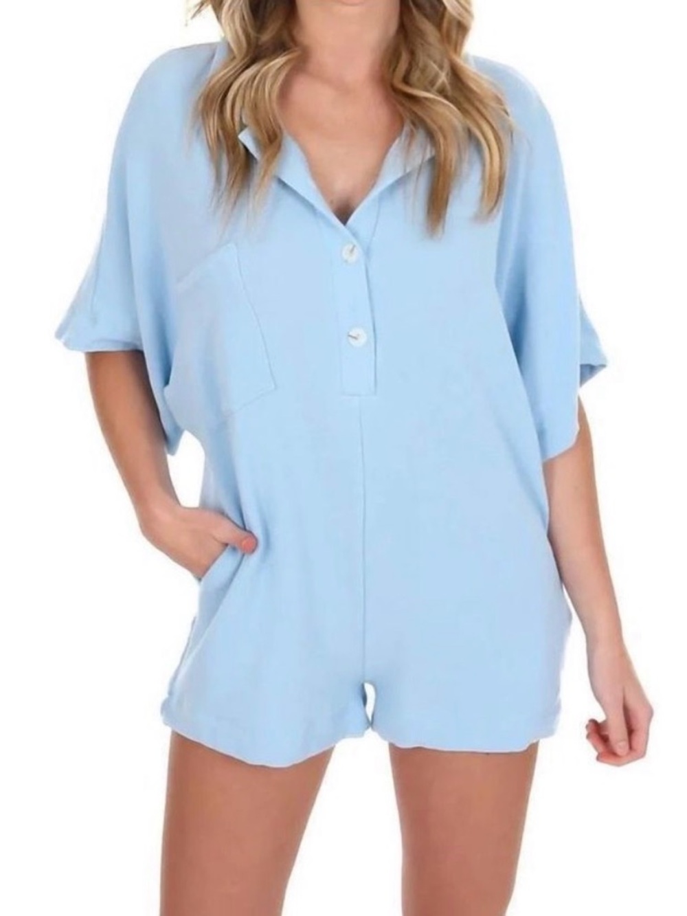 Bucket List Womens Make Your Point Short Sleeve Collared Romper Light Blue M